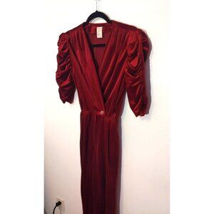 Vintage 70s 80s Maroon Red Velvet Pantsuit Playsuit Jumpsuit Disco Coquette (BT)